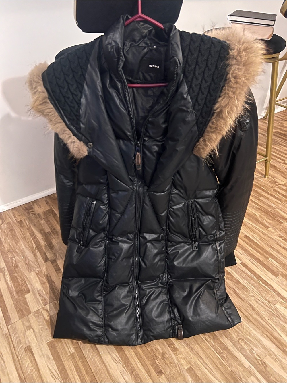 RUDSAK Black Quilted Puffer Jacket with real fur Trim